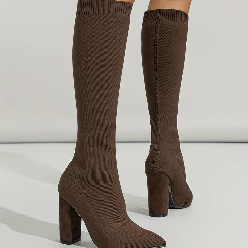 Haskella | Women’s Knee‑High Sock Boots – Stretch Knit & Block Heel