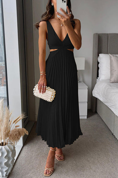 Valen | Women’s Elegant V-Neck Pleated Skirt Dress