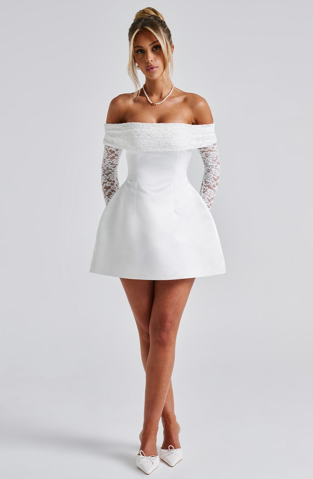 Mango | Women’s Short Lace Sleeve Off-Shoulder Dress