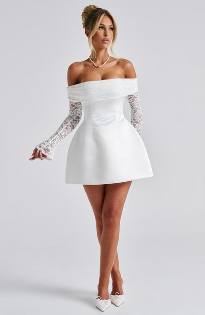 Mango | Women’s Short Lace Sleeve Off-Shoulder Dress