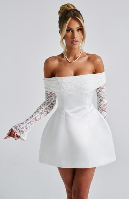 Mango | Women’s Short Lace Sleeve Off-Shoulder Dress