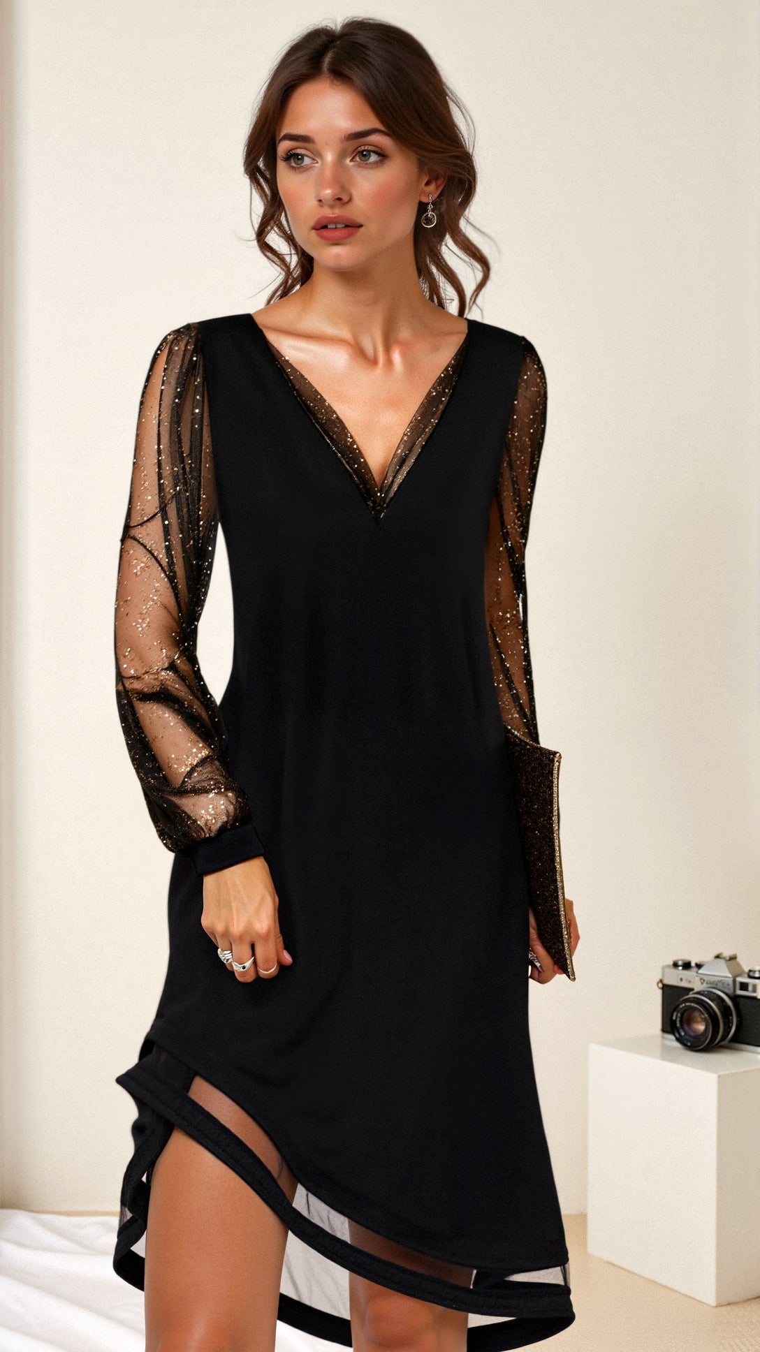Mikha | Women’s Elegant Lace V-Neck Dress with Shimmer Sleeves