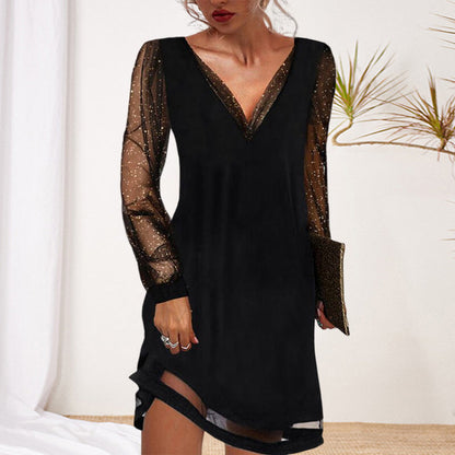 Mikha | Women’s Elegant Lace V-Neck Dress with Shimmer Sleeves
