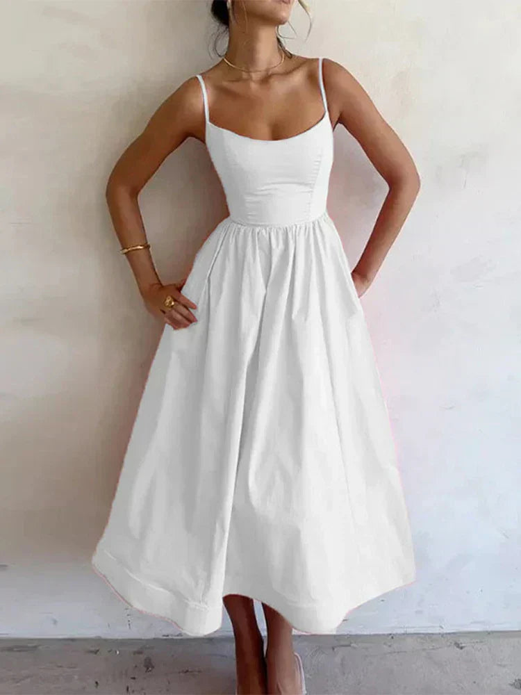Rosalie | Pastel Pink Midi Dress with Spaghetti Straps