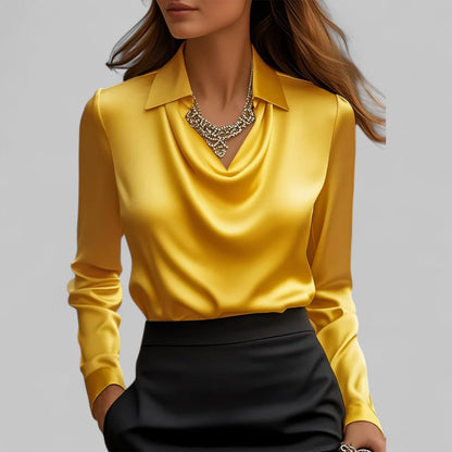 Rosita | Women’s Draped Neck Long Sleeve Satin Blouse