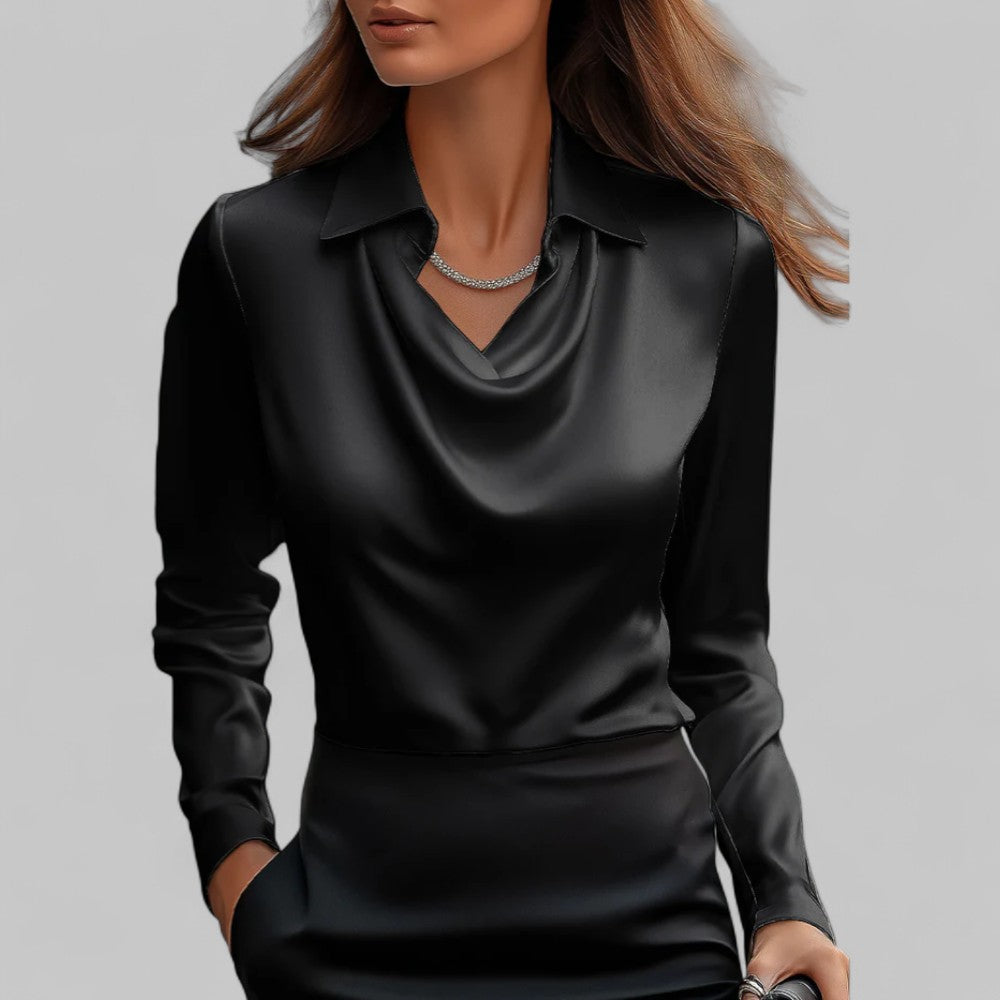 Rosita | Women’s Draped Neck Long Sleeve Satin Blouse
