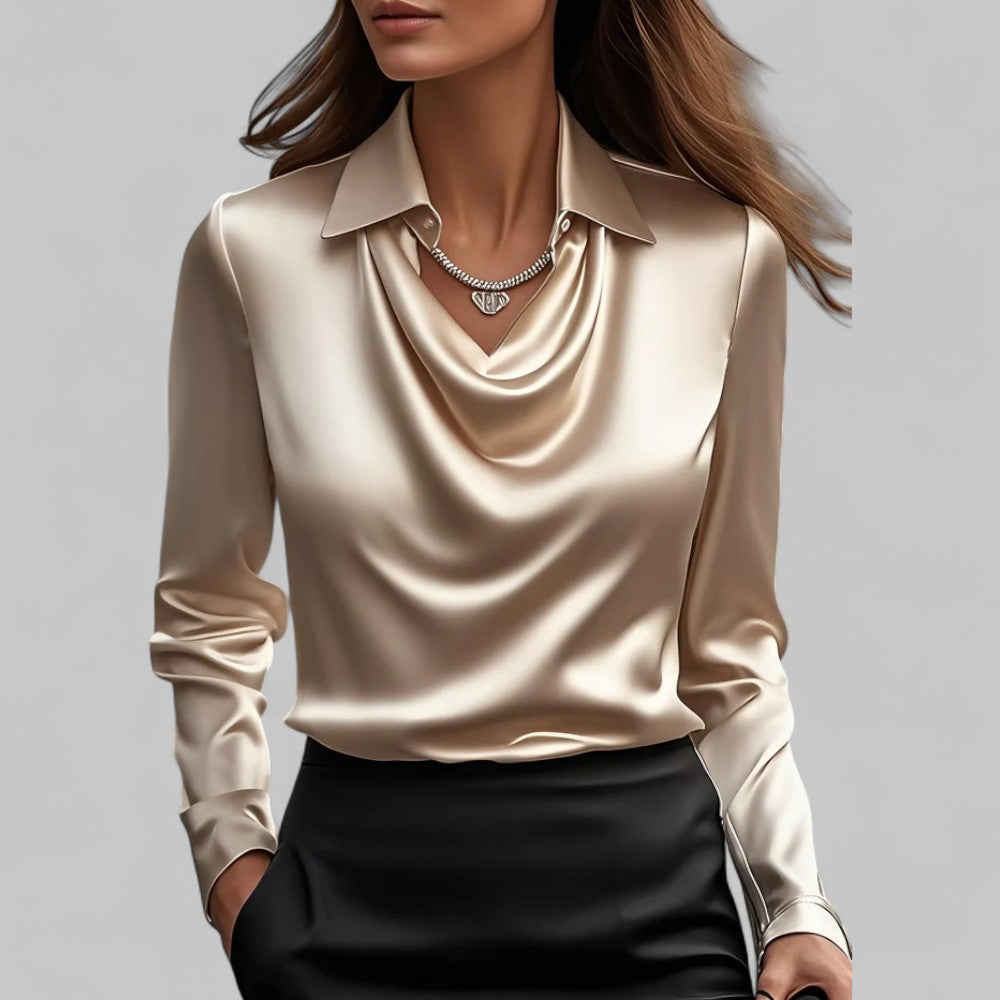 Rosita | Women’s Draped Neck Long Sleeve Satin Blouse