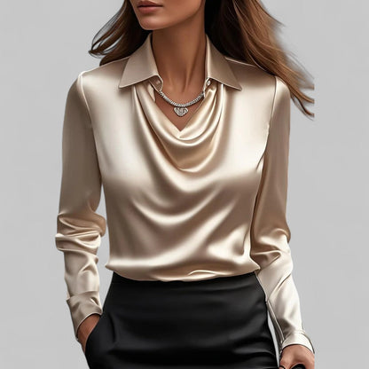 Rosita | Women’s Draped Neck Long Sleeve Satin Blouse